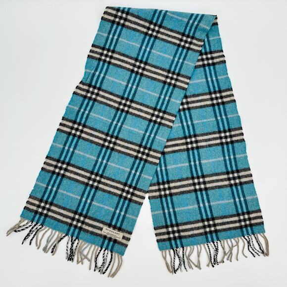 Burberry Scarf Lambswool Authentic Wool Blue Plaid Nova Check Winter Fringe Tan - Picture 7 of 9